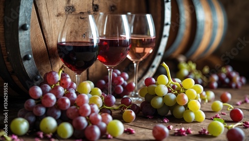Glasses of red, rosÃ©, and white wine accompanied by various grape types on a wine barrel.