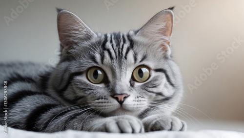 Adorable gray and black striped Scottish fold cat with soft fur.