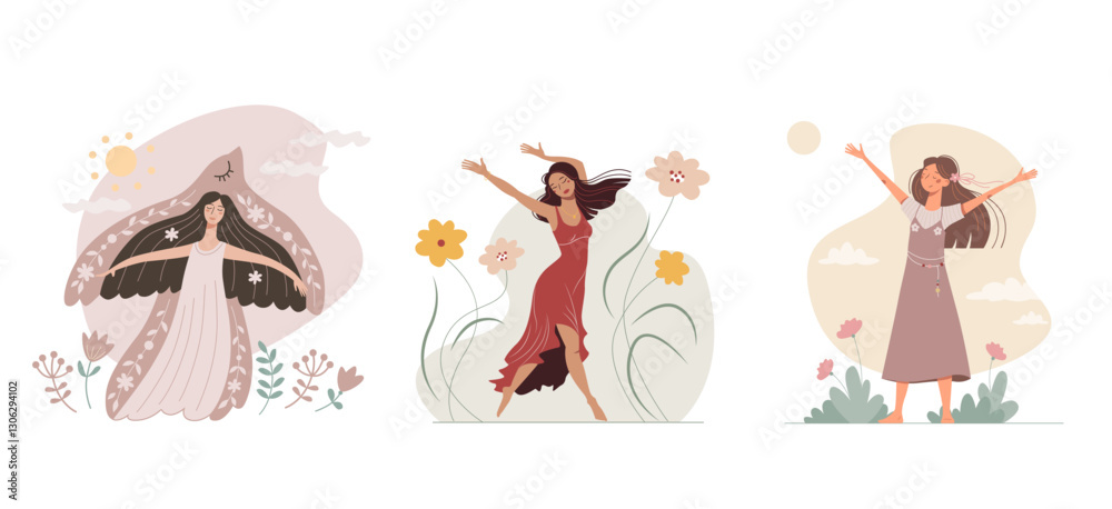 Fototapeta premium Set of beautiful young women enjoy summer and nature. Nice girls among flowers collection. Vector illustrations in a flat style. Female delight and inspiration. Lightness and femininity of dance.