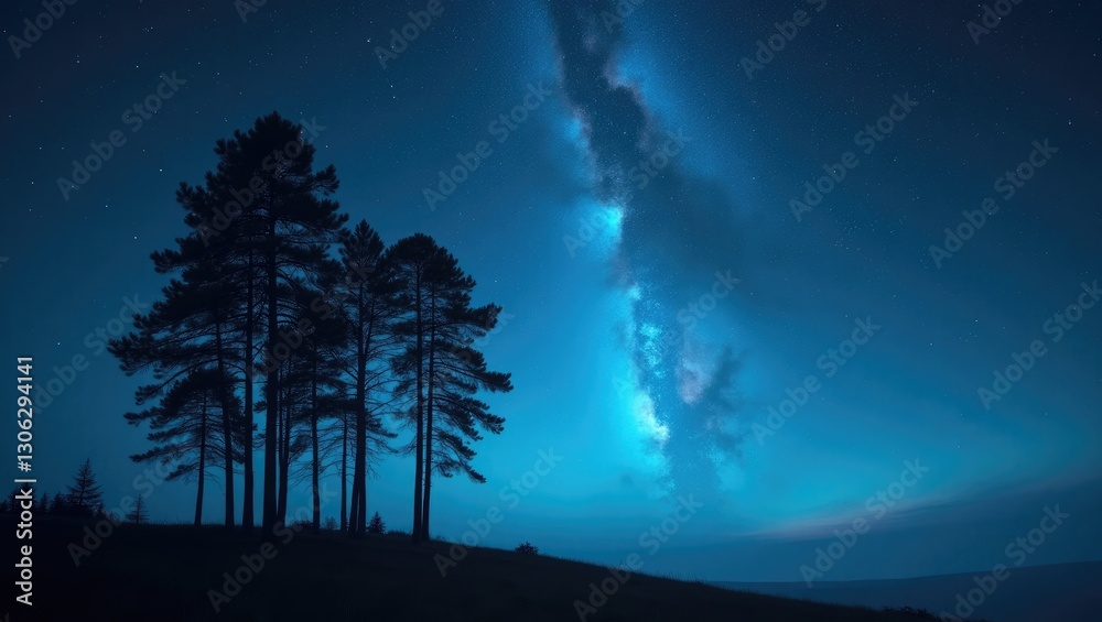 Naklejka premium Starry night sky illuminated by stars, featuring a blue cosmic backdrop and silhouettes of trees.