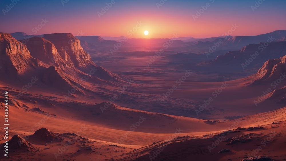 Fototapeta premium Mars Landscape at Dawn and Dusk, View of the Martian Terrain, Digital Rendering