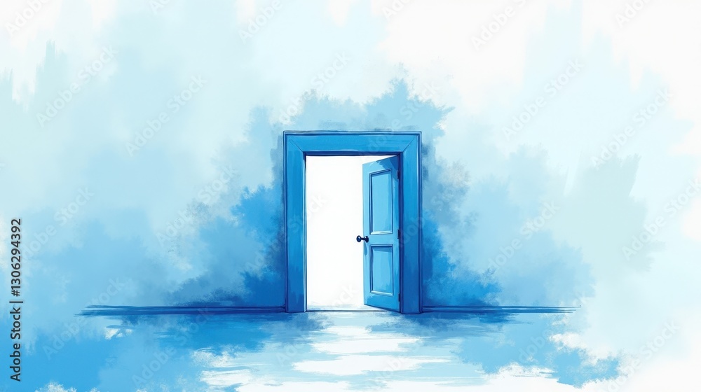 A stock illustration representing Healthcare reform in Sky blue and white colors, with dynamic brushstrokes and metaphors of Open doors and passports for intuitive understanding. A stock illustration representing Healthcare reform in Sky blue and white colors, with dynamic brushstrokes and metaphors of Open doors and passports for intuitive understanding.