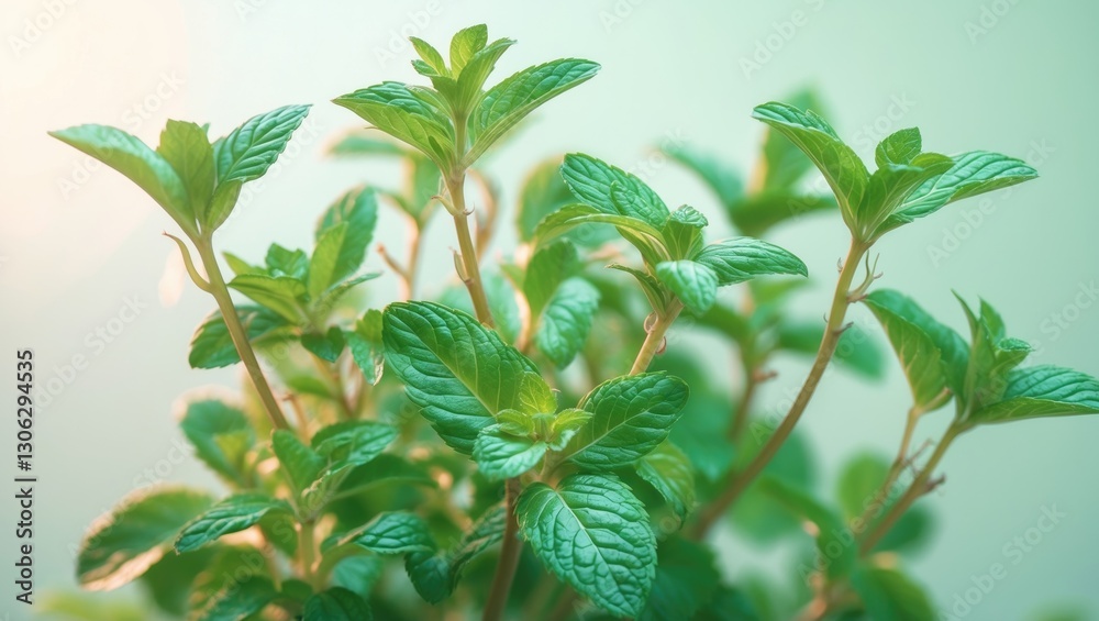 Obraz premium Fresh mint leaves against a light backdrop, isolated. Mint clipping route. Culinary photography.