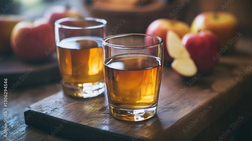 Refreshing apple cider drink served in a glass with fresh apples on a wooden table Refreshing apple cider drink served in a glass with fresh apples on a wooden table