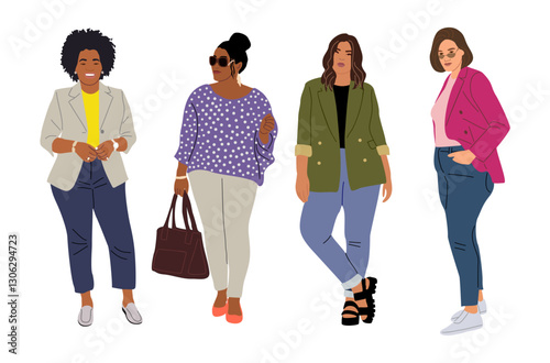 Set of different curvy women in stylish modern office clothes. Diverse plus size female beauties wearing smart casual business fashion outfits. Vector realistic illustration isolated