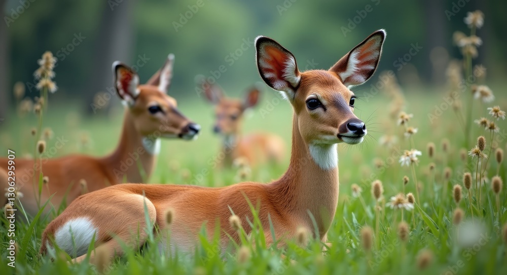 Sika deer resting on the grassy area Sika deer resting on the grassy area