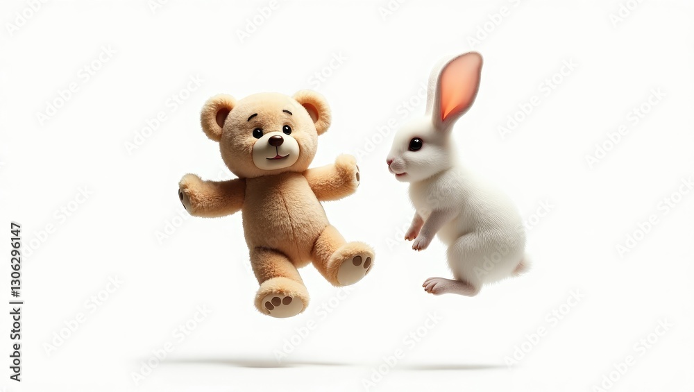 Image of a teddy bear and a rabbit soaring through the air against a plain white background. Image of a teddy bear and a rabbit soaring through the air against a plain white background.