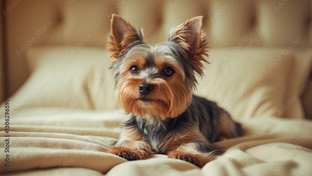 Yorkshire Terrier Relaxing on a Bed with a Vintage Effect Yorkshire Terrier Relaxing on a Bed with a Vintage Effect