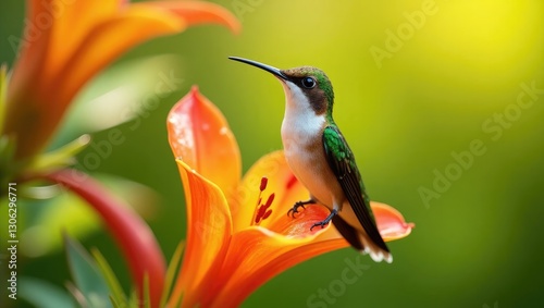 A shimmering White-chested Emerald hummingbird, Amazilia brevirostris, sipping nectar from a vibrant orange Sanchezia bloom under radiant sunlight. photo