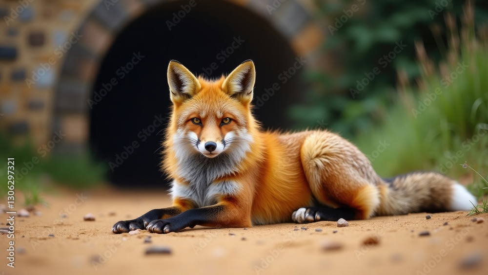 Fototapeta premium Old Red Fox Female Relaxing on the Sand Near a Bridge Section