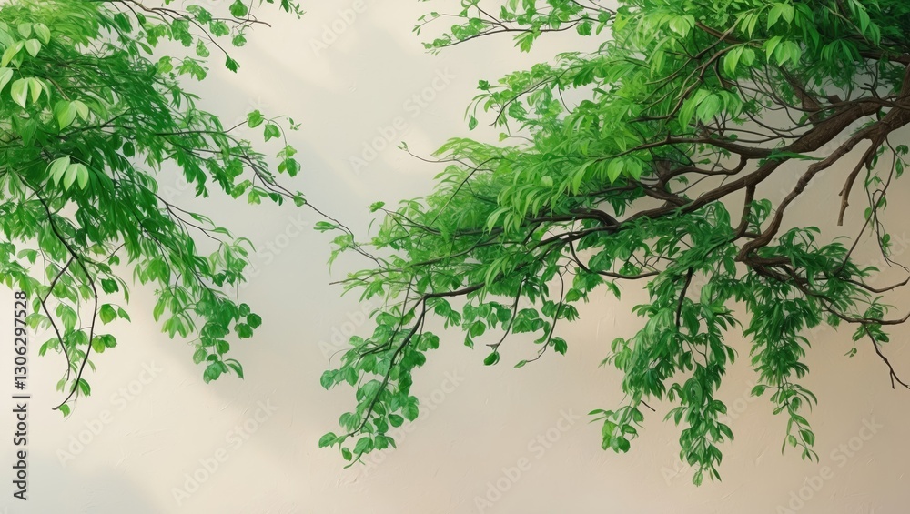 Against a light backdrop, charming branches adorned with lush green leaves are showcased. Against a light backdrop, charming branches adorned with lush green leaves are showcased.
