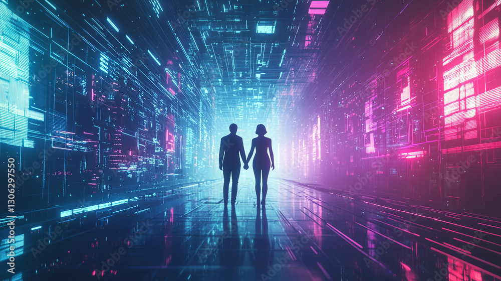 Obraz premium A couple as digital avatars holding hands in a glowing neon-lit metaverse city, surrounded by futuristic skyscrapers. Their love is reflected in the vibrant digital world they explore together.