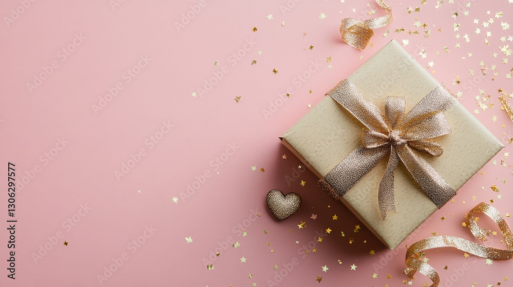 Fototapeta premium Elegant gift box on a pink background with gold ribbons and sparkling confetti for celebrations