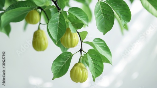 Leaves of a kumquat tree in vibrant green contrasting with a light background.