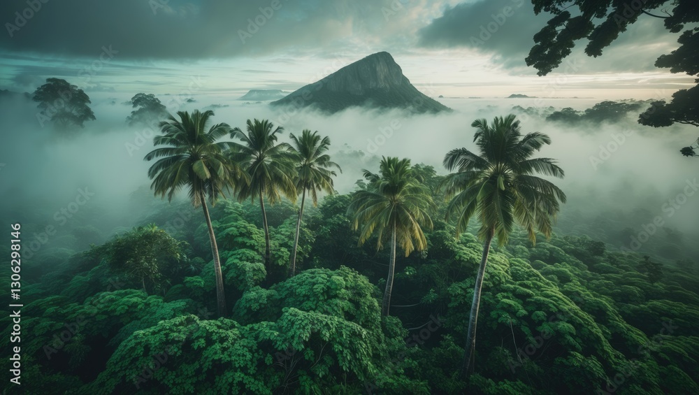 Bird's-eye view of a rainforest, rendered image. Featuring palm trees, a mountain in the distance, a large rock, a sky filled with clouds, lush vegetation, and various natural elements present on a... Bird's-eye view of a rainforest, rendered image. Featuring palm trees, a mountain in the distance, a large rock, a sky filled with clouds, lush vegetation, and various natural elements present on a...