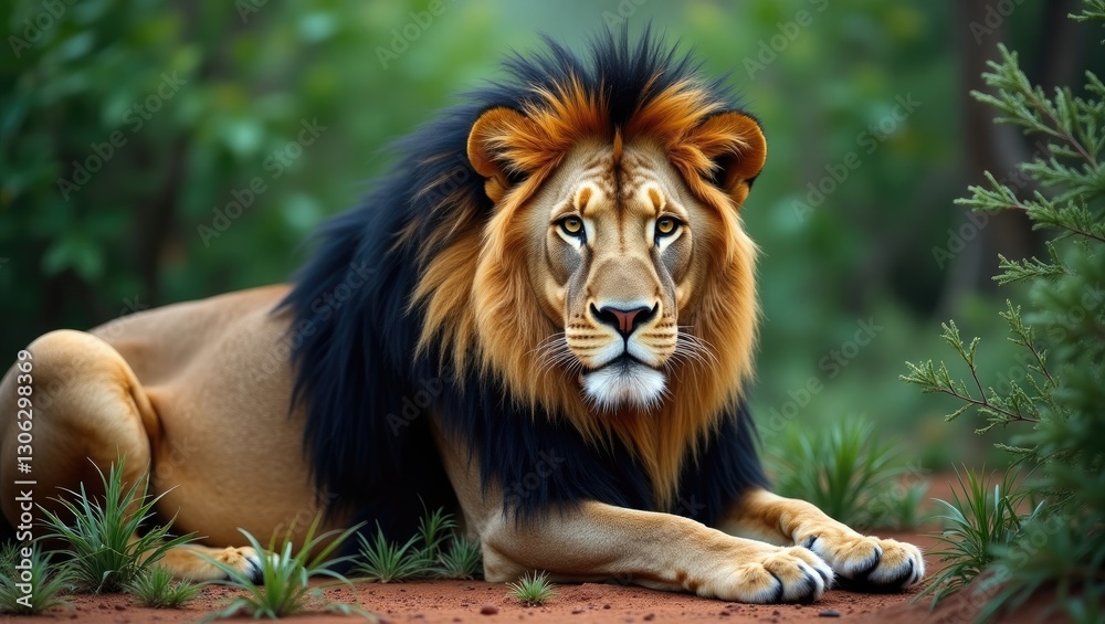 Kalahari male lion (Panthera leo) with distinctive black mane, resting in lush greenery during the rainy season, portrait captured in Kgalagadi Transfrontier Park, South Africa. Kalahari male lion (Panthera leo) with distinctive black mane, resting in lush greenery during the rainy season, portrait captured in Kgalagadi Transfrontier Park, South Africa.