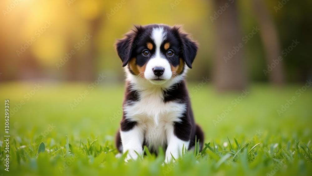 Border Collie puppy perched on green grass in a city park, gazing at the camera. Border Collie puppy perched on green grass in a city park, gazing at the camera.