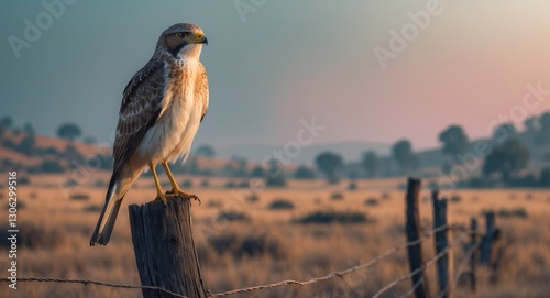 Female Montagu harrier or Circus pygargus resting on a fence post in dry open fields during winter migration with a picturesque landscape at Tal Chhapar Sanctuary, Churu, Rajasthan, India. photo