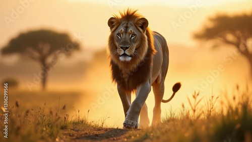 A male lion (Panthera Leo) strolling in the early morning light, Samburu National Reserve, Kenya. photo