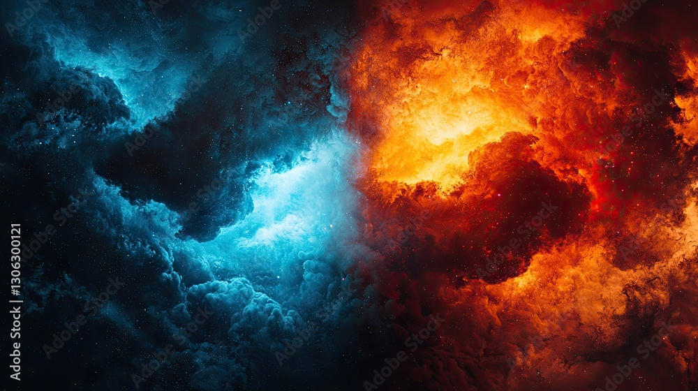 Fiery cosmic clouds clashing, abstract space background, digital art, perfect for fantasy or sci-fi designs