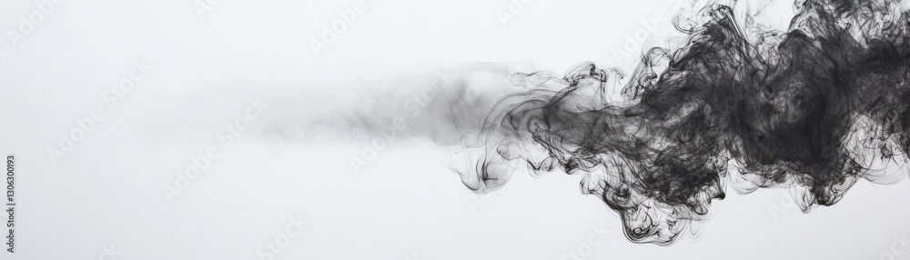 Fototapeta premium Black smoke plume drifts, white background. Abstract design element