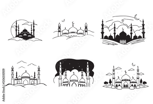 Graceful Mosque Silhouettes Pack,Minimalist Mosque Silhouettes: 6 Variations in Vector Format.