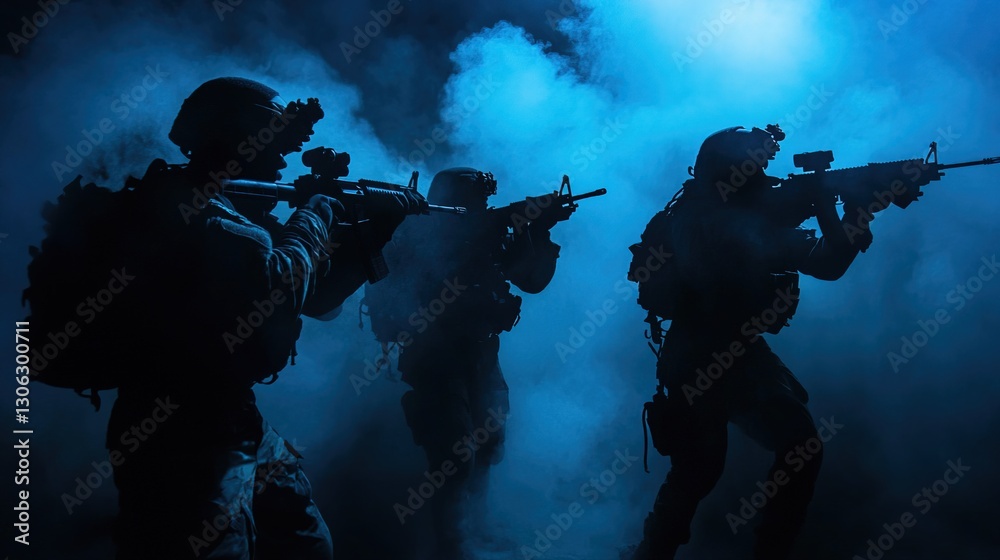 A military task force infiltrating an enemy stronghold at night, shadows and tension A military task force infiltrating an enemy stronghold at night, shadows and tension