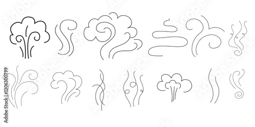 Steam and smoke lines icons set. Air wind and scent linear collection, heat waves or aroma from cooking food and hot coffee, gas and fumes. Steam swirls icons of doodle style vector illustration