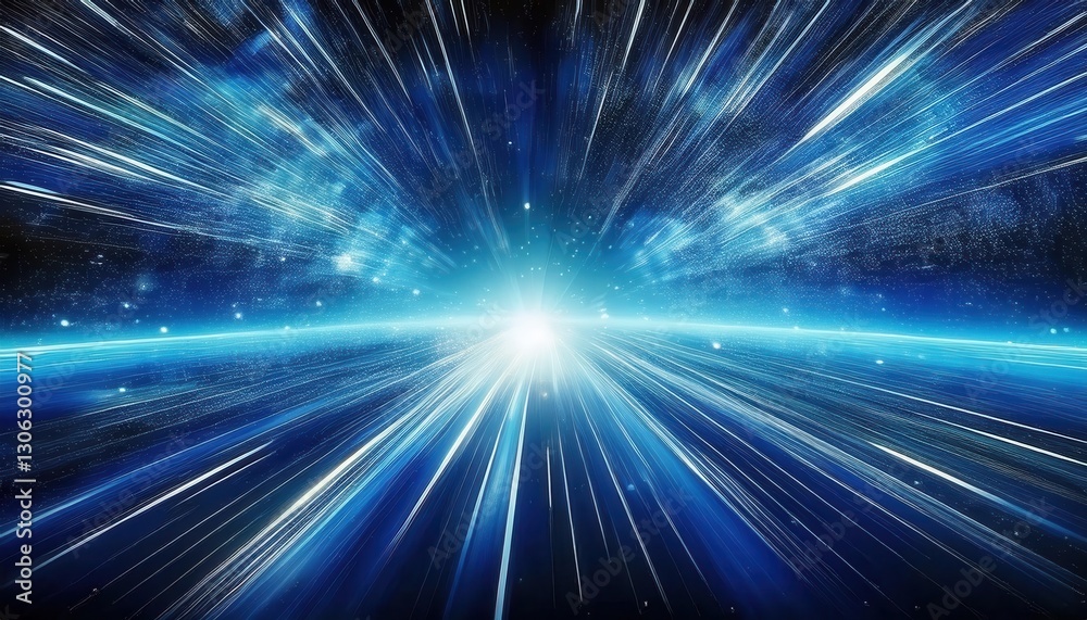 futuristic hyperspace jump with glowing blue light streaks, abstract cosmic speed motion, sci-fi space travel background

