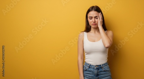 Woman with worried expression against mustard background.