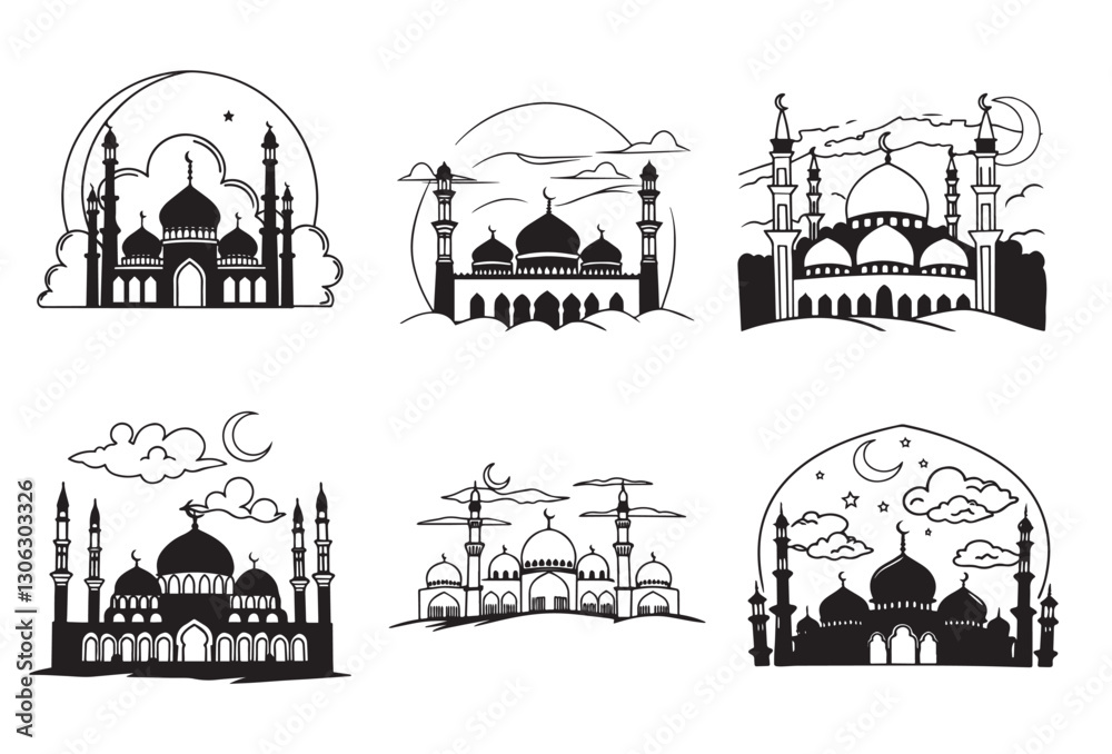 Fototapeta premium Graceful Mosque Silhouettes Pack,Minimalist Mosque Silhouettes: 6 Variations in Vector Format.
