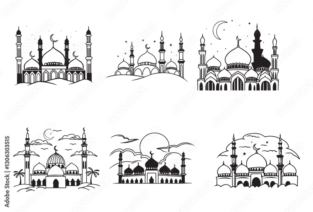 Fototapeta premium Graceful Mosque Silhouettes Pack,Minimalist Mosque Silhouettes: 6 Variations in Vector Format.