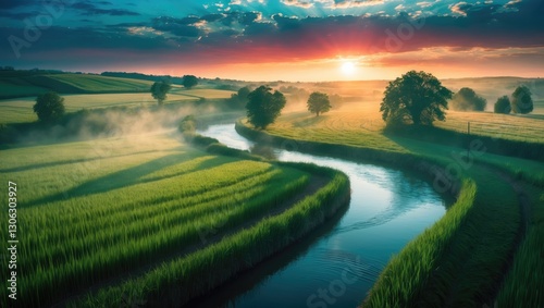Wallpaper Mural Countryside scenery. Bird's-eye view of a waterway winding through the fields. Torontodigital.ca