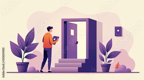 A stock illustration symbolizing voter participation in purple and soft beige, featuring layered imagery and metaphors of open doors and passports