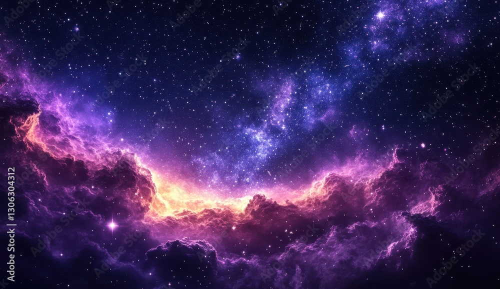 Obraz premium Spectacular Cosmic Scene with Vibrant Purple and Orange Nebula Surrounded by Twinkling Stars in Deep Space