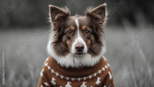 Image of a Scottish Collie wearing a cozy sweater adorned with a playful pattern of little figures.