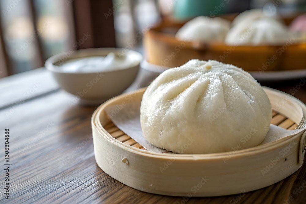 Minimalistic photo of a freshly steamed bao bun on a wooden table, extreme close-up highlighting its soft, fluffy texture, softly blurred background. Minimalistic photo of a freshly steamed bao bun on a wooden table, extreme close-up highlighting its soft, fluffy texture, softly blurred background.