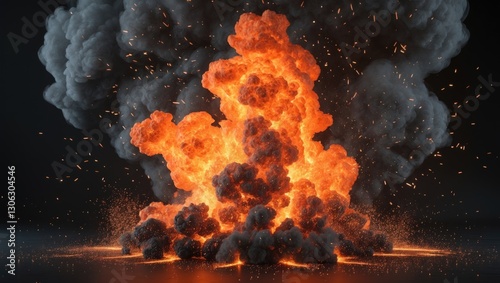Lifelike fire explosion with orange hues, accompanied by smoke and sparks, set against a black backdrop.