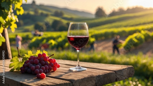 Crimson wine. The culture of wine tasting. Sweet red wine in a glass on a warm summer day. Grape cultivation. Harvesting grapes amidst nature. photo