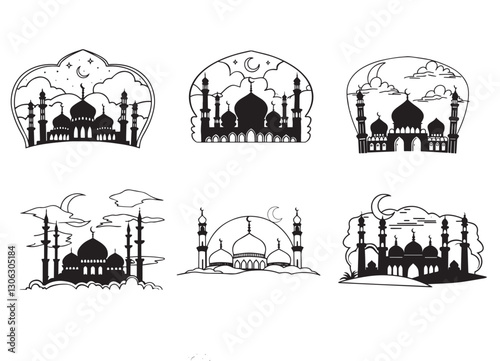 Graceful Mosque Silhouettes Pack,Minimalist Mosque Silhouettes: 6 Variations in Vector Format.