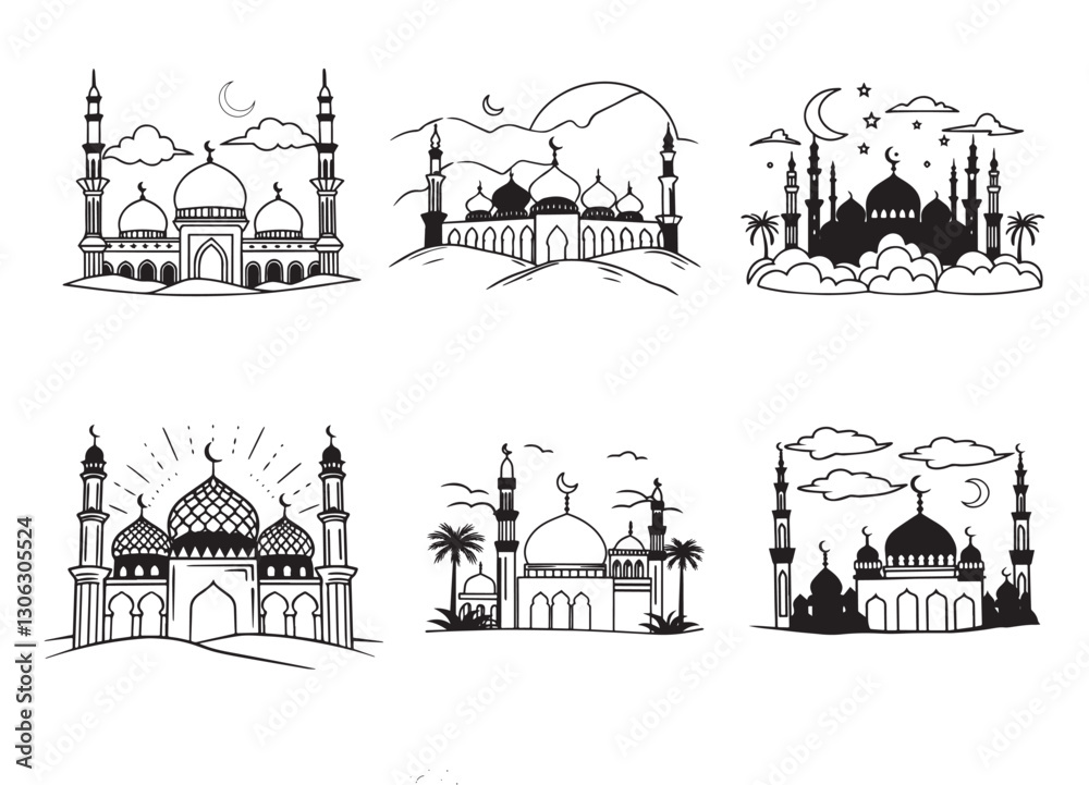 Fototapeta premium Graceful Mosque Silhouettes Pack,Minimalist Mosque Silhouettes: 6 Variations in Vector Format.
