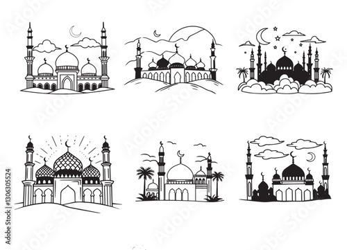 Graceful Mosque Silhouettes Pack,Minimalist Mosque Silhouettes: 6 Variations in Vector Format.