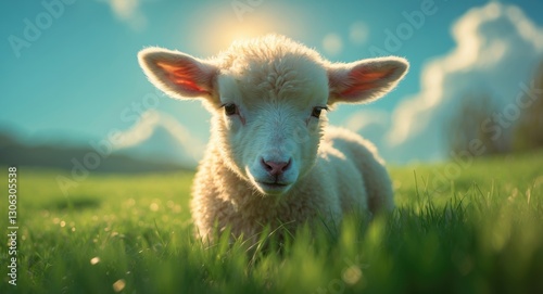 Lamb's portrait in a sunny green pasture during springtime.