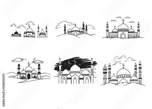 Graceful Mosque Silhouettes Pack,Minimalist Mosque Silhouettes: 6 Variations in Vector Format.