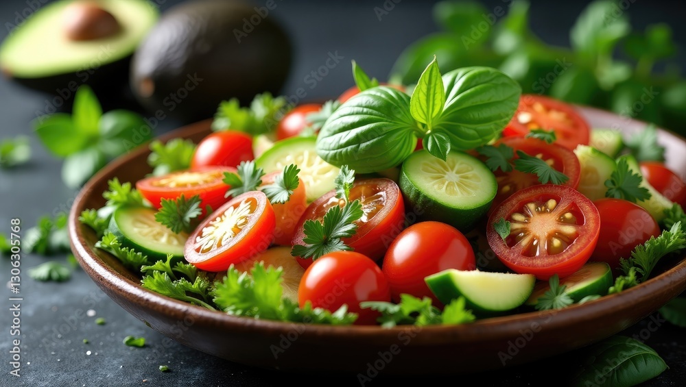 Fresh herb salad featuring tomatoes, cucumbers, and avocados on a dark stone background. Nutritious summer dish. Fresh herb salad featuring tomatoes, cucumbers, and avocados on a dark stone background. Nutritious summer dish.