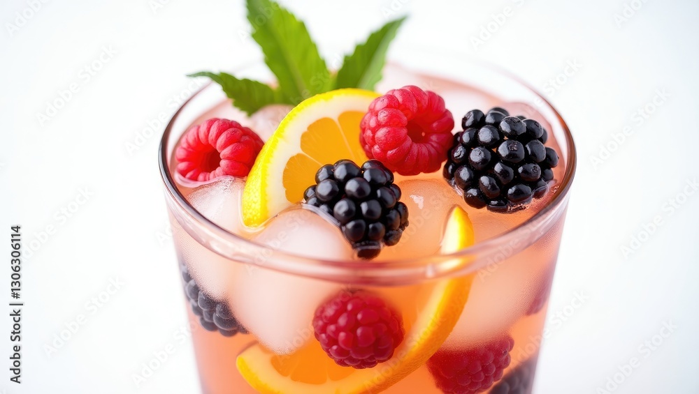 Chilled beverage featuring ice, various fruits, and citrus garnishes in a glass, including blackberries, raspberries, currants, and mint leaves. Chilled beverage featuring ice, various fruits, and citrus garnishes in a glass, including blackberries, raspberries, currants, and mint leaves.