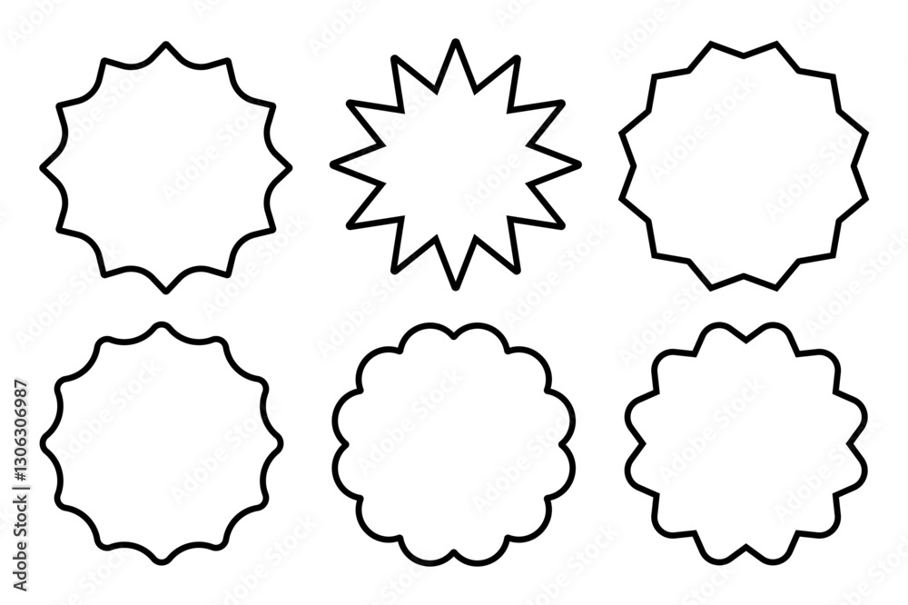 Set of six black outline badge shapes isolated on white background. Starburst stickers. Geometric decorative frames Set of six black outline badge shapes isolated on white background. Starburst stickers. Geometric decorative frames
