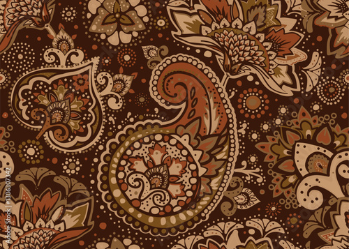 Seamless paisley pattern in Oriental style with floral and ethnic motifs for printed fabric, wallpaper, and packaging