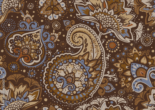 Seamless paisley pattern in Oriental style with floral and ethnic motifs for printed fabric, wallpaper, and packaging
