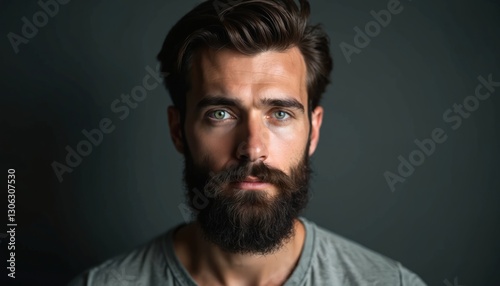 Portrait of man with beard and light green eyes looking at camera. Attractive bearded guy with dark brown hair in gray shirt poses in studio. Macho male demonstrates confidence and health.